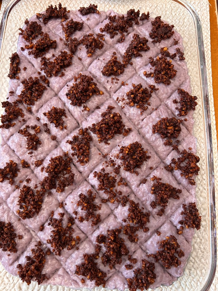 Ube Biko, Yummy Filipino sticky rice. It's purple and with toasted coconut toppings